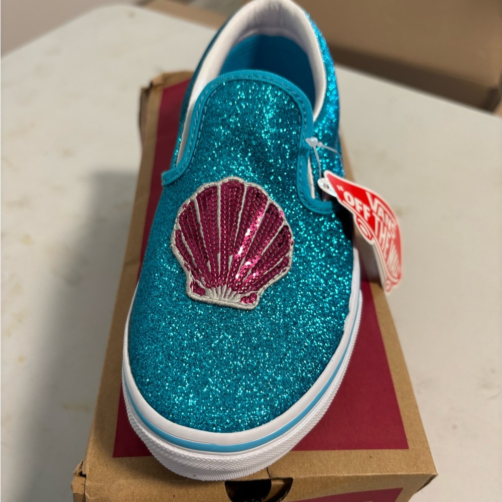 Vans Girls Turquoise Glitter Slip-On Sneakers (new)